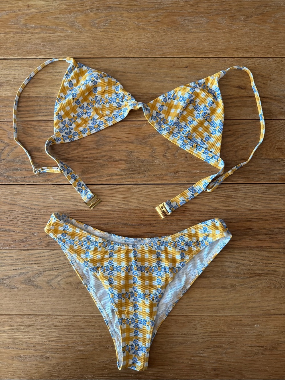 Rouje Yellow Gingham Floral Triangle Bikini Set